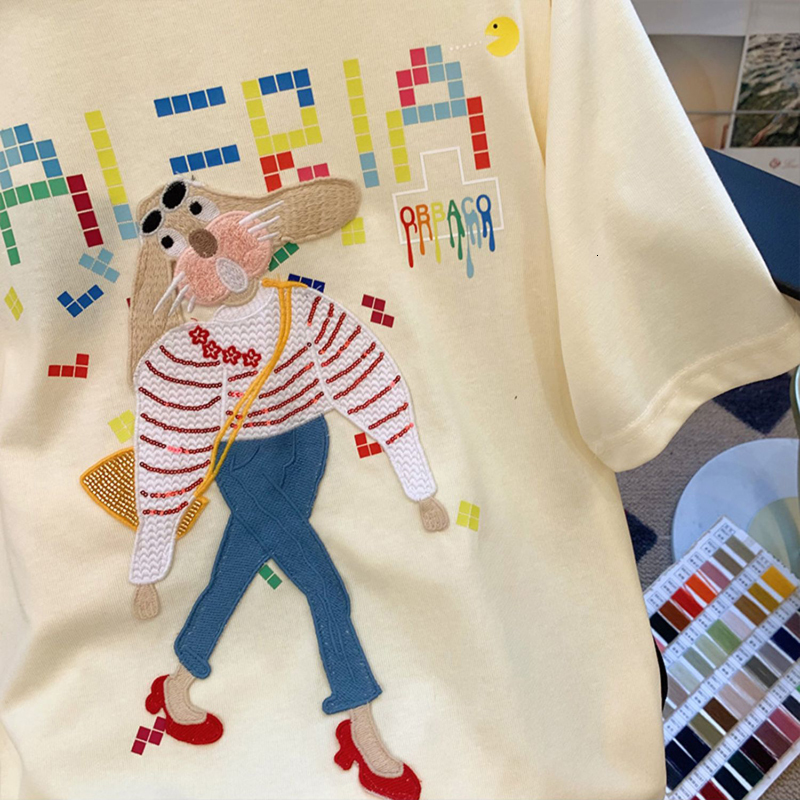 Cotton back wrap 210g combed tight new short sleeved t-shirt female printing+embroidery Tiktok quality