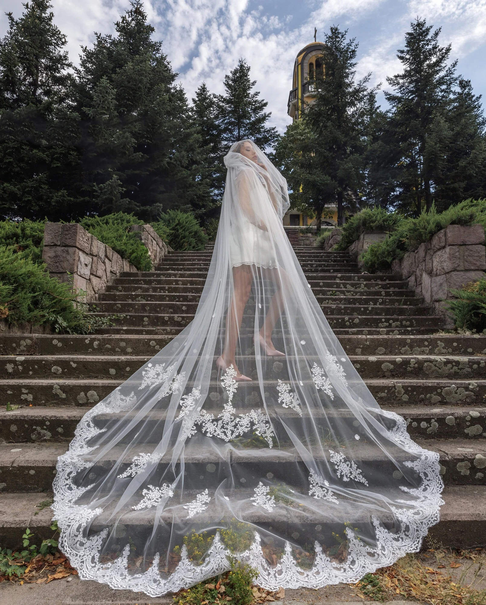 White Ivory Lace Edge Veils Cathedral Length Wedding Bridal Veil 1 Tier Long Voile Mariage Tulle Veu De Noiva