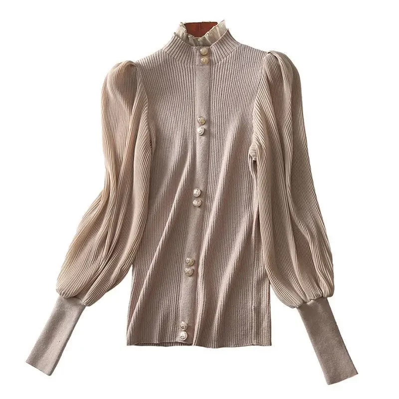 Autumn Korean Vintage Half Turtleneck Cardigan Women Long Sleeve Single Breasted Sweater Japanese Sweet Slim Fit Tops 240712