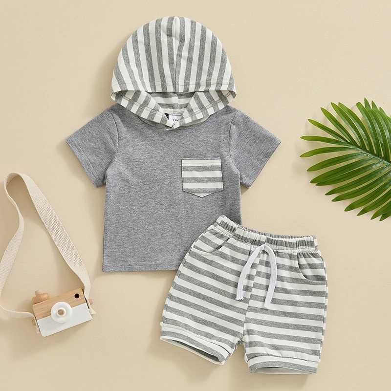Clothing Sets Toddler Baby Boy Summer Clothes Hoodie Short Sleeve Sweatshirt Tops Striped Shorts Set 2Pcs Kids Casual Outfits