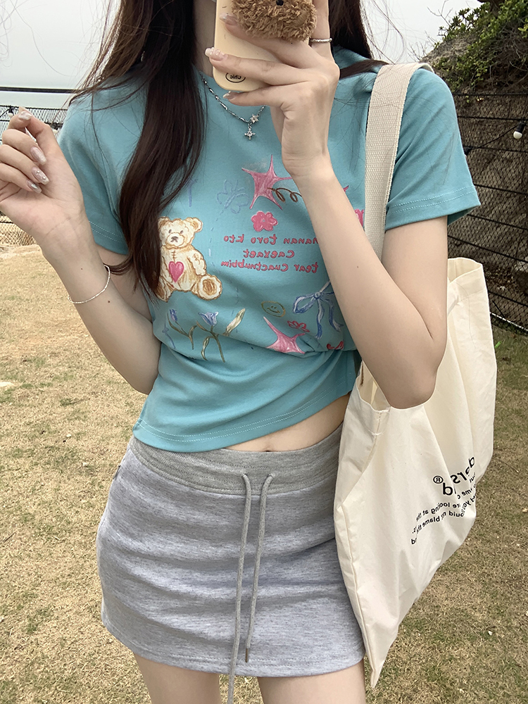 Korean version new teddy bear printed T-shirt summer casual versatile and slimming top