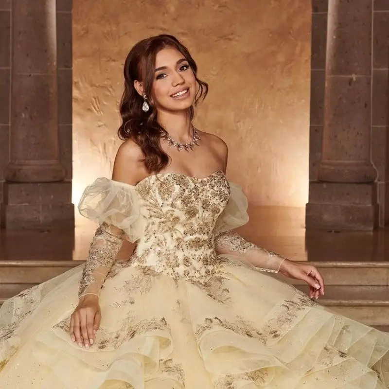 2025 Champagne Quinceanera Ball Gown Long Sleeve Gold Lace Appliques Ruffles Sweet 16 Dress Vestidos De XV Anos