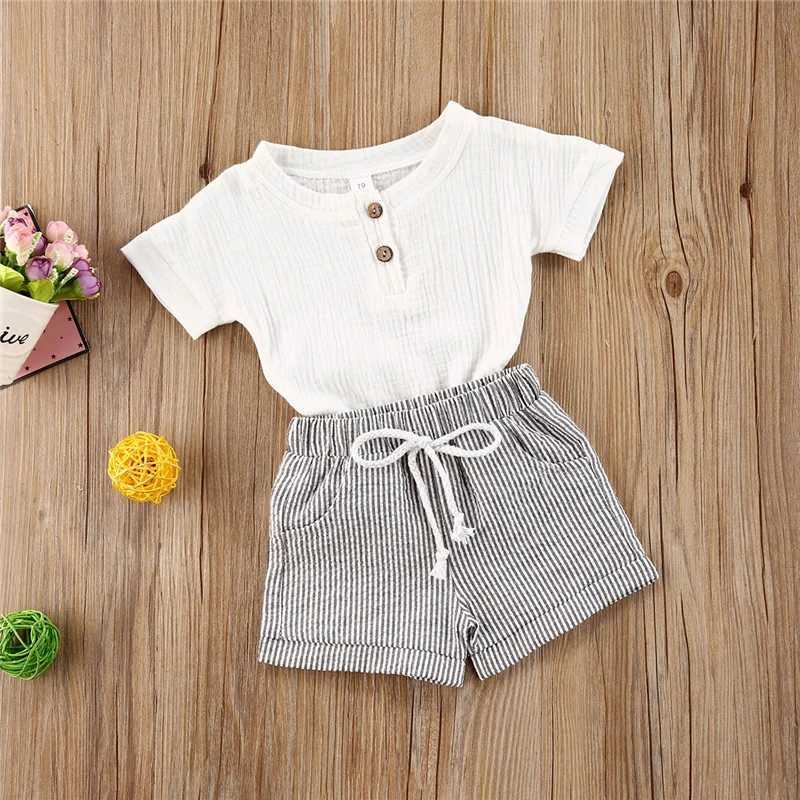 Clothing Sets Summer Casual Toddler Baby Boys Girls Outfits Suit White Button Cotton Linen T Shirts Tops+Striped Pants 2Pcs Infant Baby Set