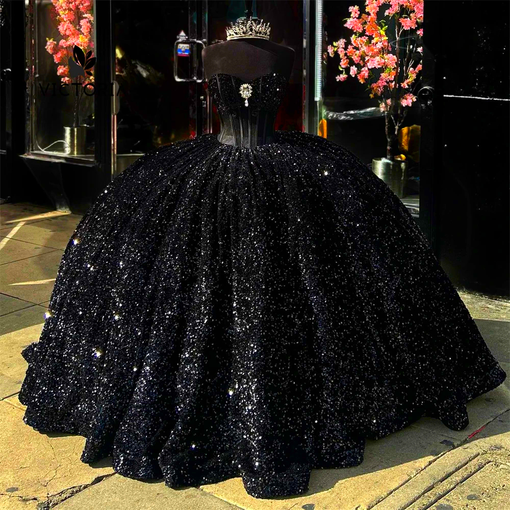 Glitter Black Sequined Quinceanera Dresses Corset Sweetheart Neck Sleeveless Ball Gown Prom Birthday Special Occasion Gowns Vintage Gothic Sixteen Dre