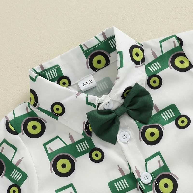 Clothing Sets 2024-05-09 Lioraitiin Little Boys Farm Outfits Tractor Print Short Sleeve Lapel Button Down Shirt with Solid Color Shorts Sets