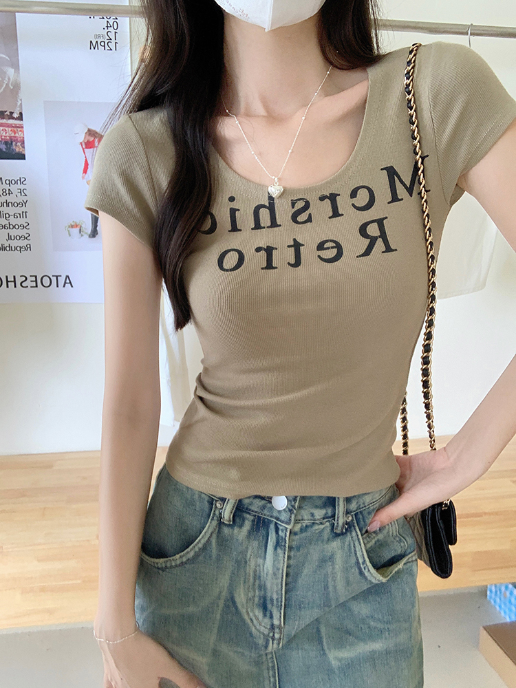 American letter printed U-neck short sleeved T-shirt for spicy women, slim fit and slimming top