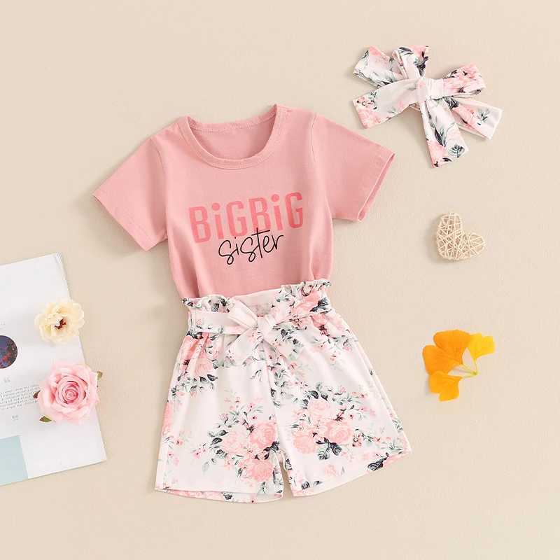 Clothing Sets 2024-03-28 Lioraitiin Toddler Girl Sister Matching Outfit Letter Print Short Sleeve Tops Shorts with Belt Headband Clothes Set