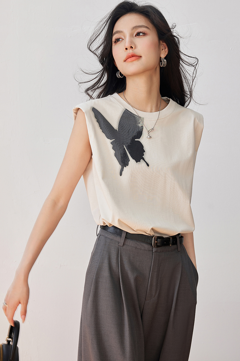 Butterfly silhouette printed pure cotton T-shirt vest women's top 2024 summer new half skirt