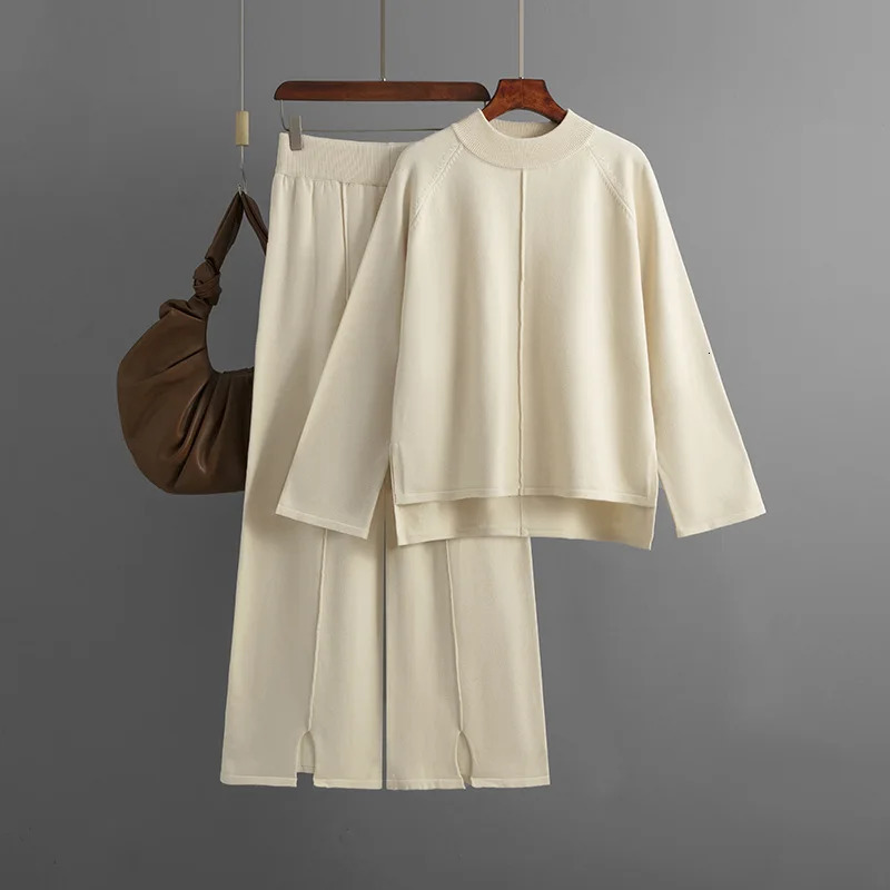 HLBCBG 2 Pieces Set Women Knitted Tracksuit Turtleneck Sweater Loose Slit Pants Pullover CHIC Outwear 240712