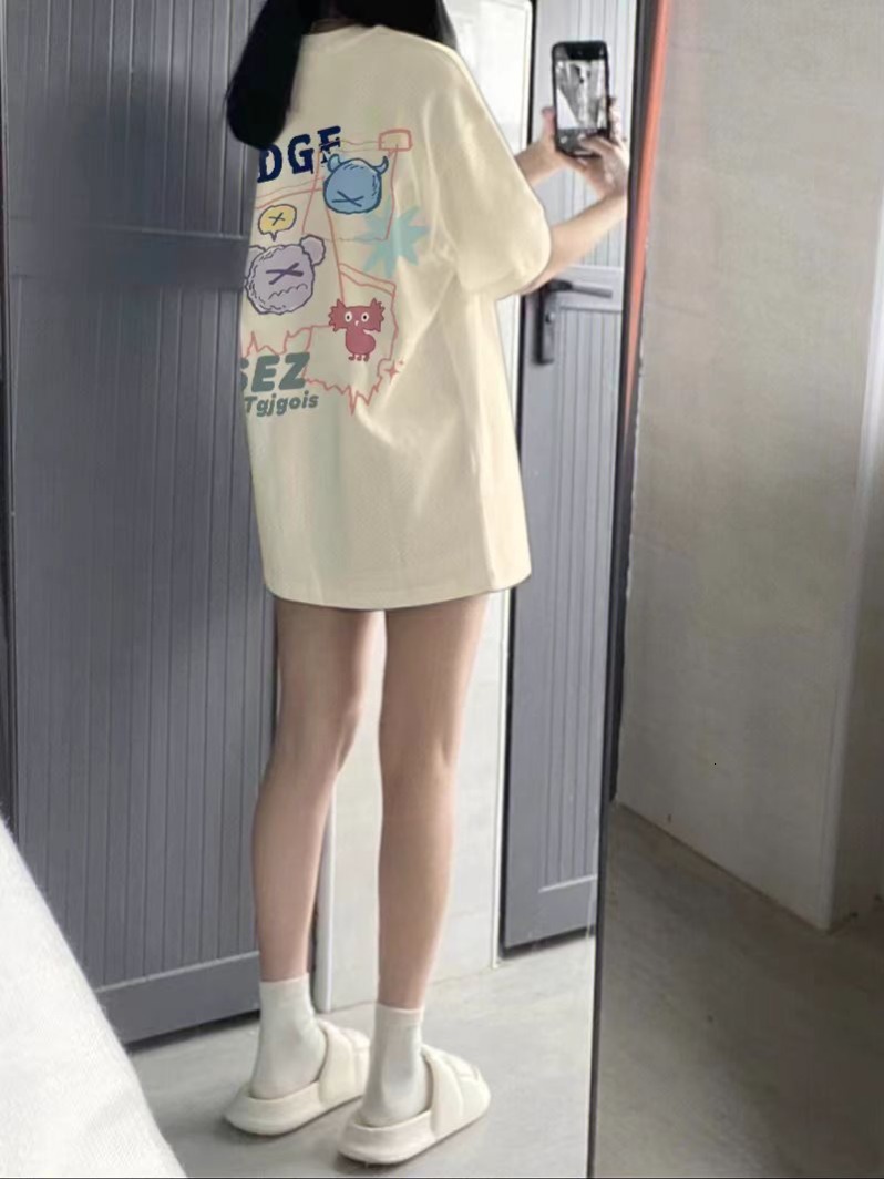 Tiktok Shoulder Drop Loose 200g Combed Cotton Back Bound Short Sleeve T-shirt Printed