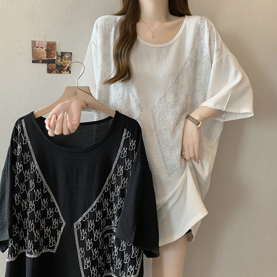 2024 Summer New Round Neck Hot Diamond Dropped Shoulder Sleeves Versatile T-shirt Women's Large Loose Casual Hoodie Top
