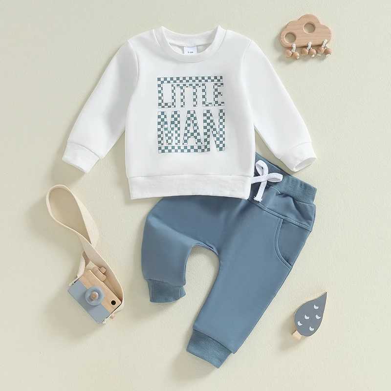 Clothing Sets 2024-05-31 Lioraitiin Toddler Boys Autumn Casual 2PCS Outfit Long Sleeve O-Neck Letter Plaid Print Tops Solid Color Pants Set