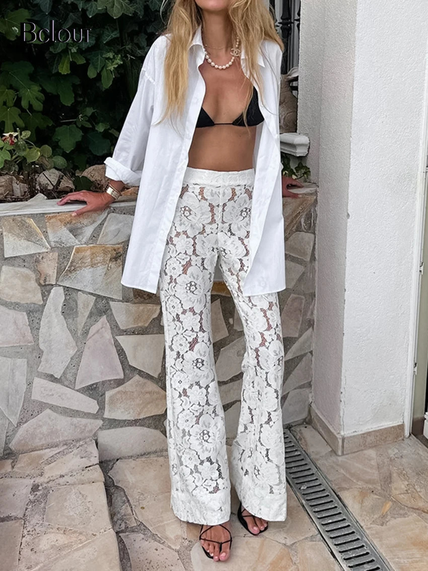 Bclout Elegant White Lace Flare Pants Women 2024 Fashion Thin Solid High Waist Long Trousers Spring Transparent Sexy Party Pants 240715