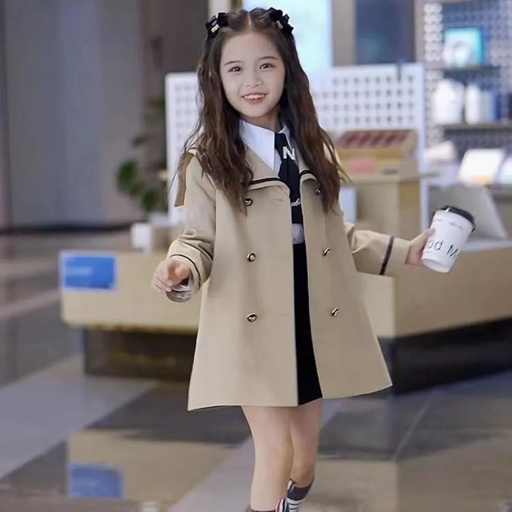 Girls Trench Coat Sailor Collar Spring Autumn Preppy Style Double Breasted Korean Mid-length Fashionable 5-12 Years Old 240713