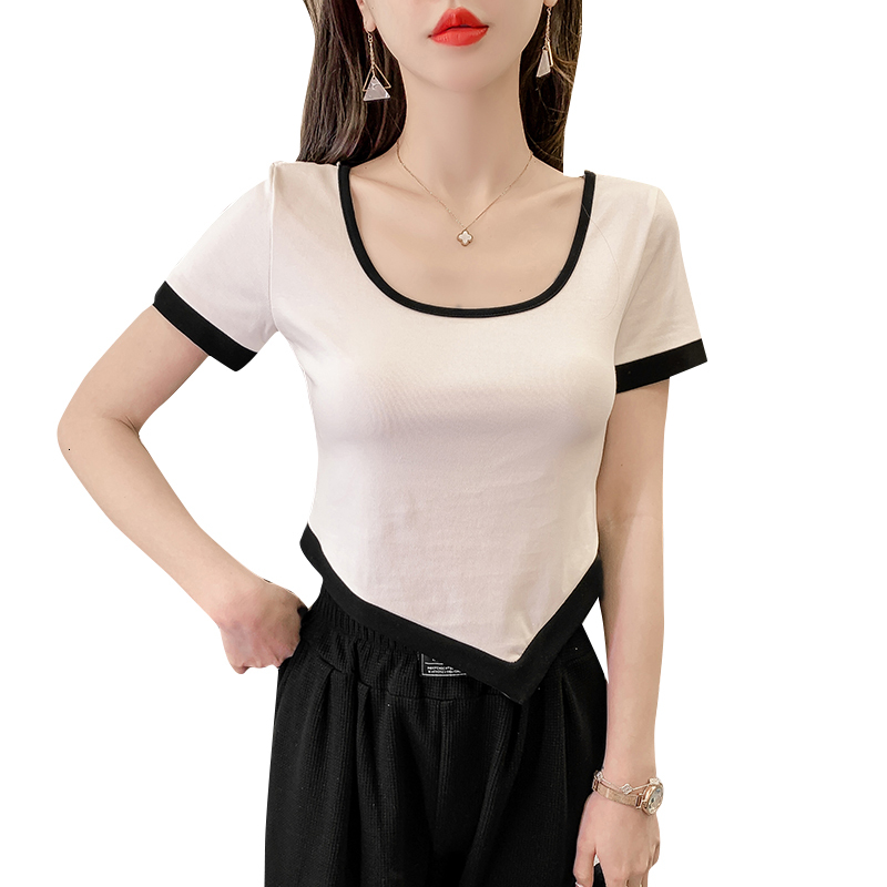 2024 summer T-shirt irregular sexy exposed belly button short sleeved slim fit top for women