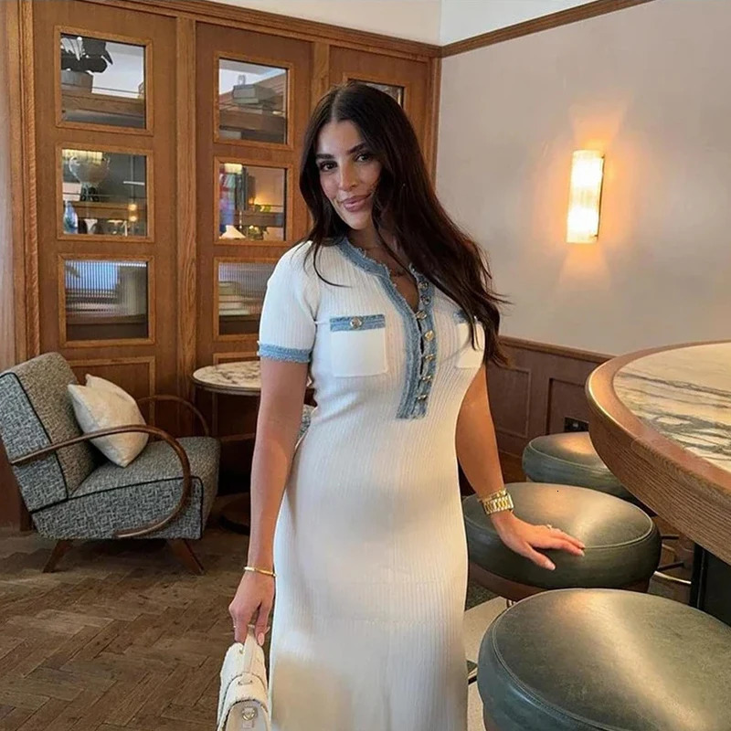 Elegant Denim Patchwork Knitted Long Dress Women Summer Fashion Short Sleeved Buttons Bodycon Maxi Dresses Office Lady Robes 240715