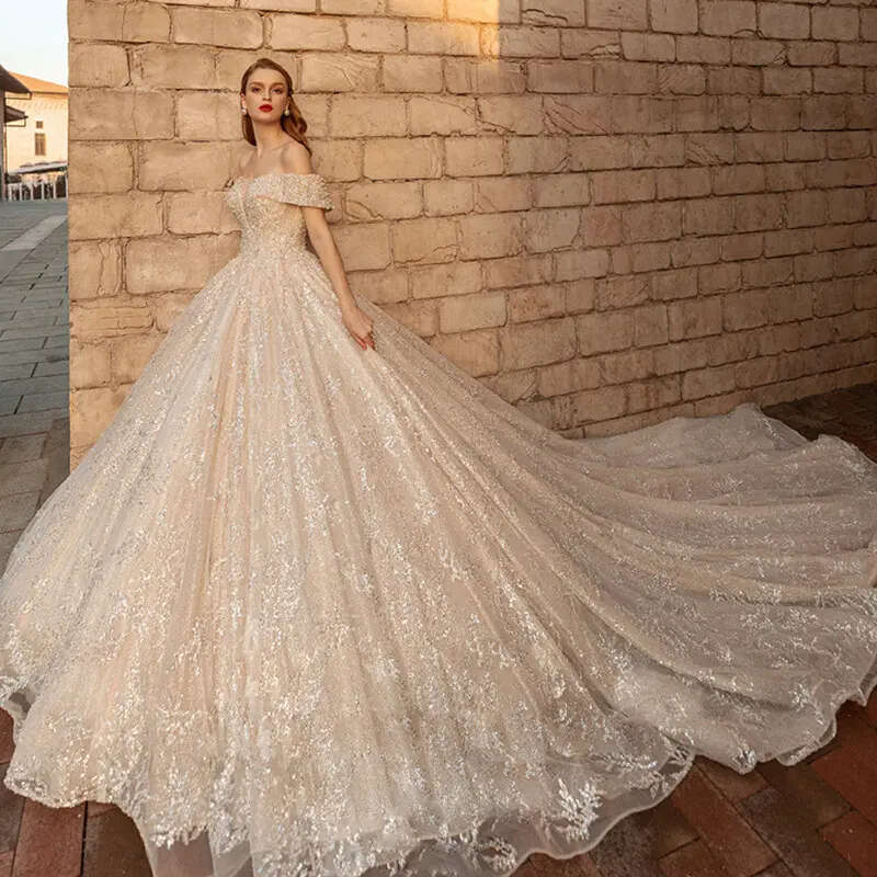 Elegant special Dresses Sexy Off Shoulder Beads Appliques Lace Bridal Gowns Custom Made Lace-Up Back Sweep Train Robe De Mariee