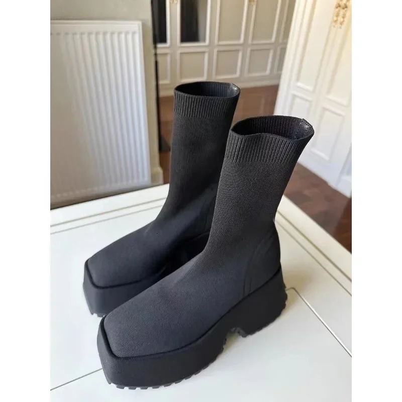 Sock Woman Hided Female Casual Shoes Autumn Wedge Lady Knitting Short Ankle Boots Platform 11 CM 240708