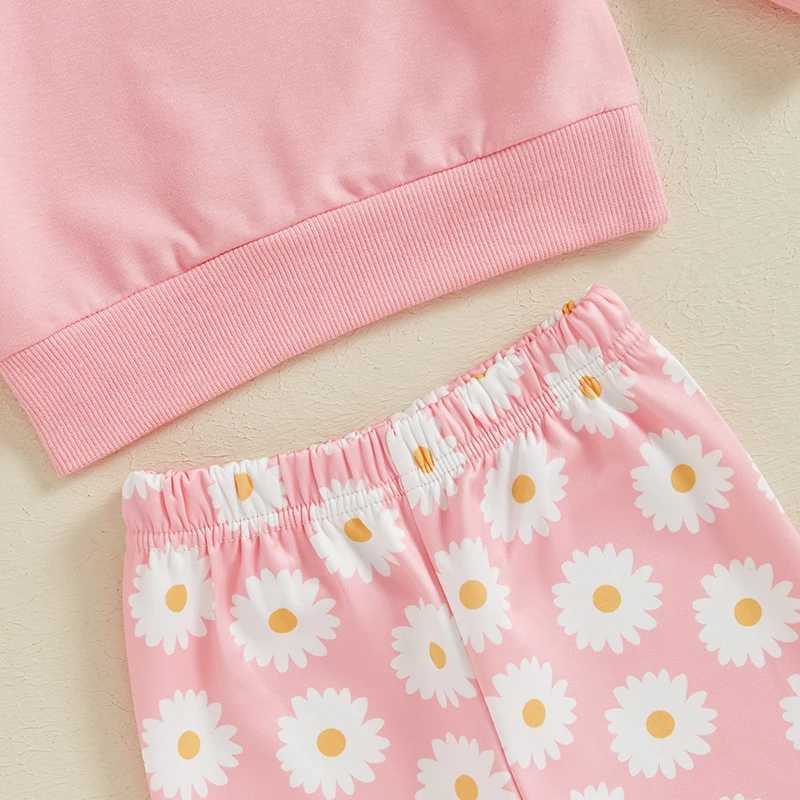 Clothing Sets 2024-05-29 Lioraitiin Little Girls 2PCS Fall Outfits Flying Sleeve Solid Color Pullover Tops Floral Flared Pants Sets
