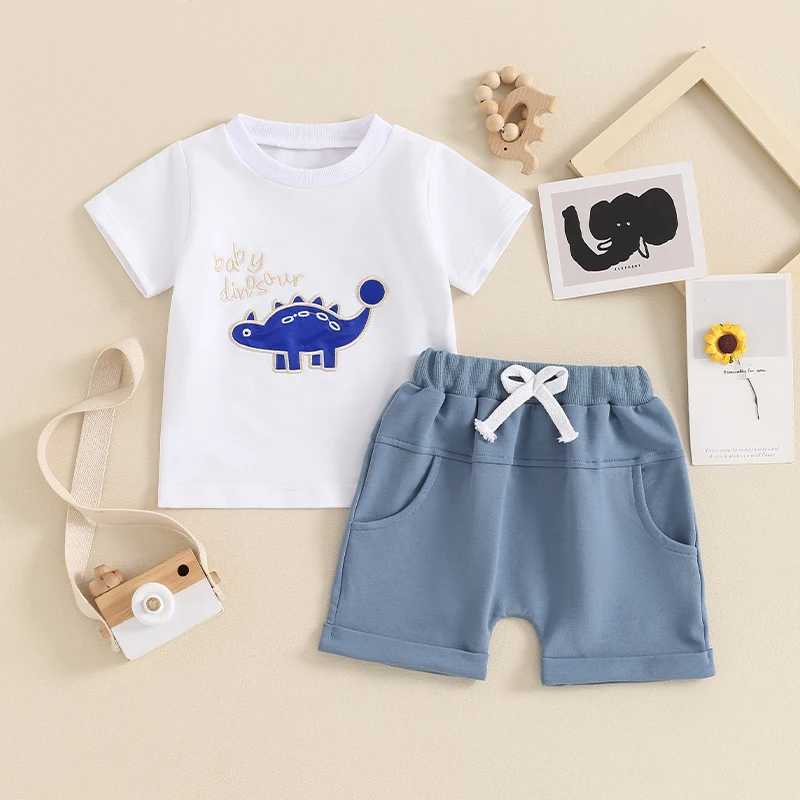 Clothing Sets 2024-03-19 Lioraitiin Toddler Boy Summer Outfit Dinosaur Embroidery Short Sleeve Tops with Elastic Waist Solid Color Shorts Set