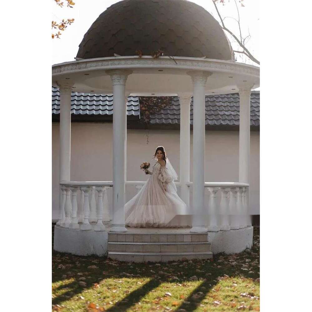 New Ball Gowns Detachable Puff Sleeves Glitter Wedding Dress Appliques Off Shoulder Tulle Boho Bridal Gown