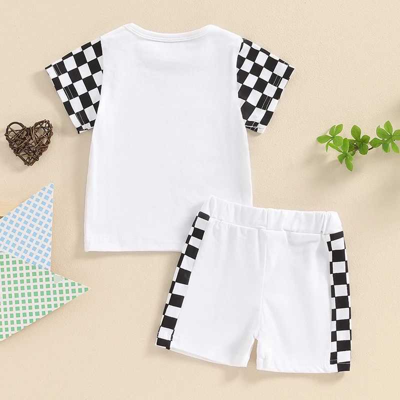 Clothing Sets 2024-03-20 Lioraitiin Toddler Boys Summer Shorts Sets Short Sleeve Letter Checkerboard Print Tops and Drstring Shorts Sets