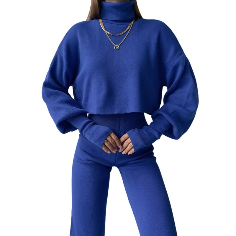 Womens Fall Solid Knitted 2 Pieces Set Long Sleeve Turtleneck Pullover Sweater Top and High Waist Pants Loose Outfits N7YD 240712