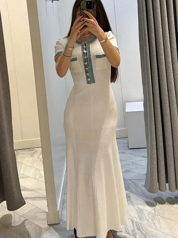 Elegant Denim Patchwork Knitted Long Dress Women Summer Fashion Short Sleeved Buttons Bodycon Maxi Dresses Office Lady Robes 240715