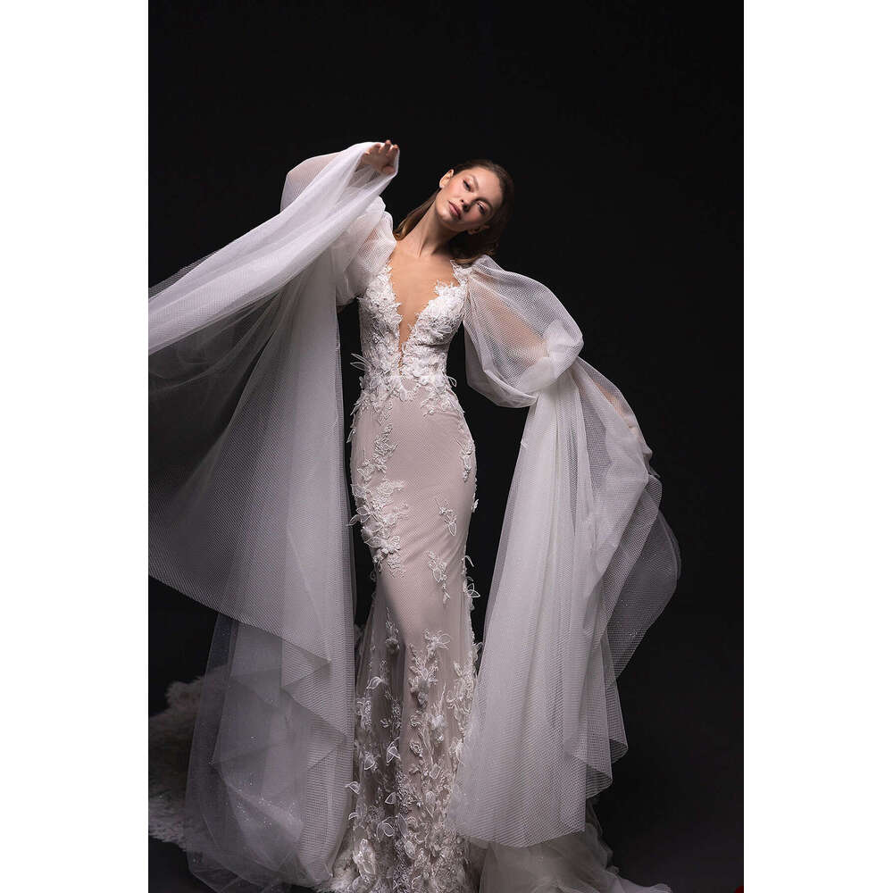 Mermaid Wedding Dresses Lone Detachable Sleeves Appliques Bridal Gowns Custom Made Backless Sweep Train Robe De Mariee