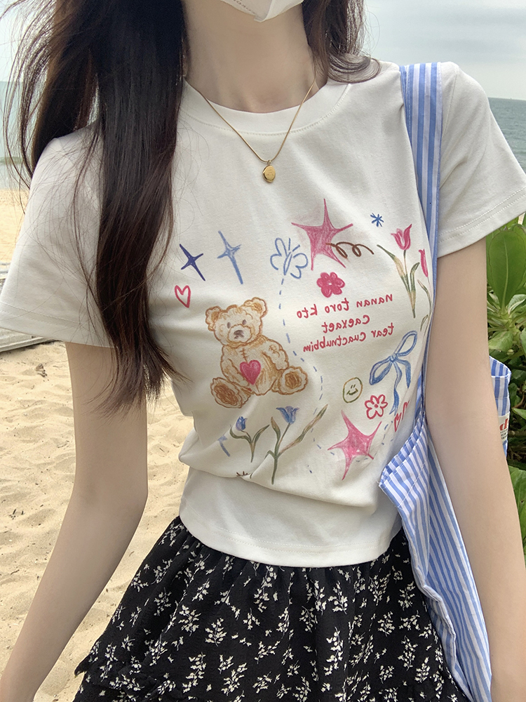 Korean version new teddy bear printed T-shirt summer casual versatile and slimming top