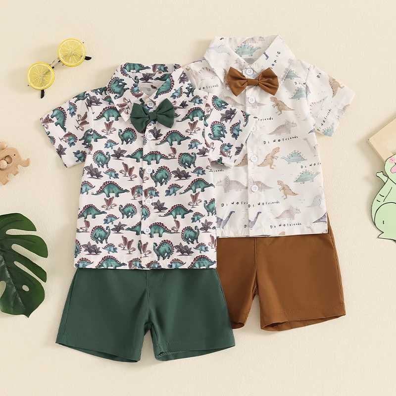 Clothing Sets 2024-04-19 Lioraitiin 2Pcs Baby Boy Summer Clothes Short Sleeve Dinosaur Print Bowtie Shirt + Shorts Set Toddler Outfits