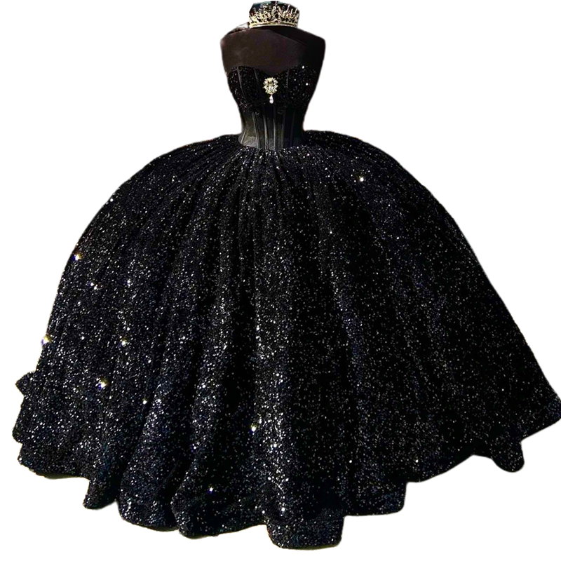Glitter Black Sequined Quinceanera Dresses Corset Sweetheart Neck Sleeveless Ball Gown Prom Birthday Special Occasion Gowns Vintage Gothic Sixteen Dre