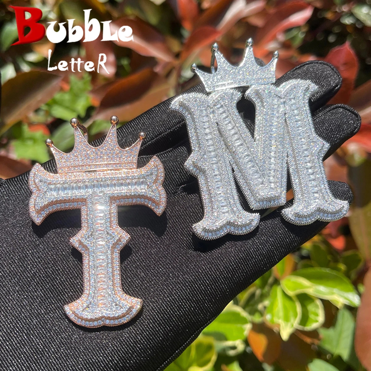 Bubble Letter Iced Out Necklace for Men Initial Charms Pendant Crown Bail Cubic Zirconia Hip Hop Jewelry 240713