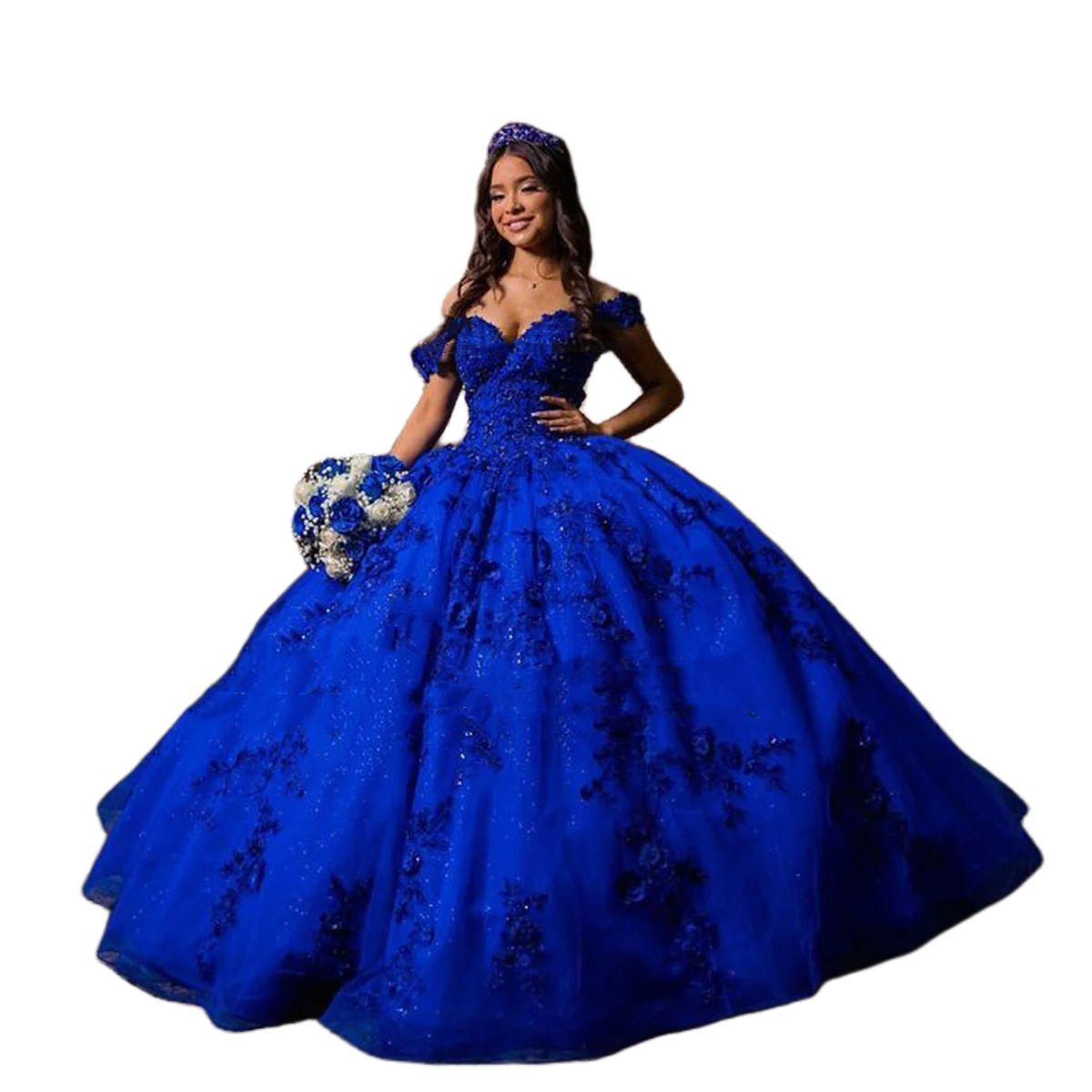 Off Shoulder Blue Quinceanera Dresses With Lace Appliques 3D Floral Ball Gown Princess Birthday Prom Gown Sweet 16 Dress