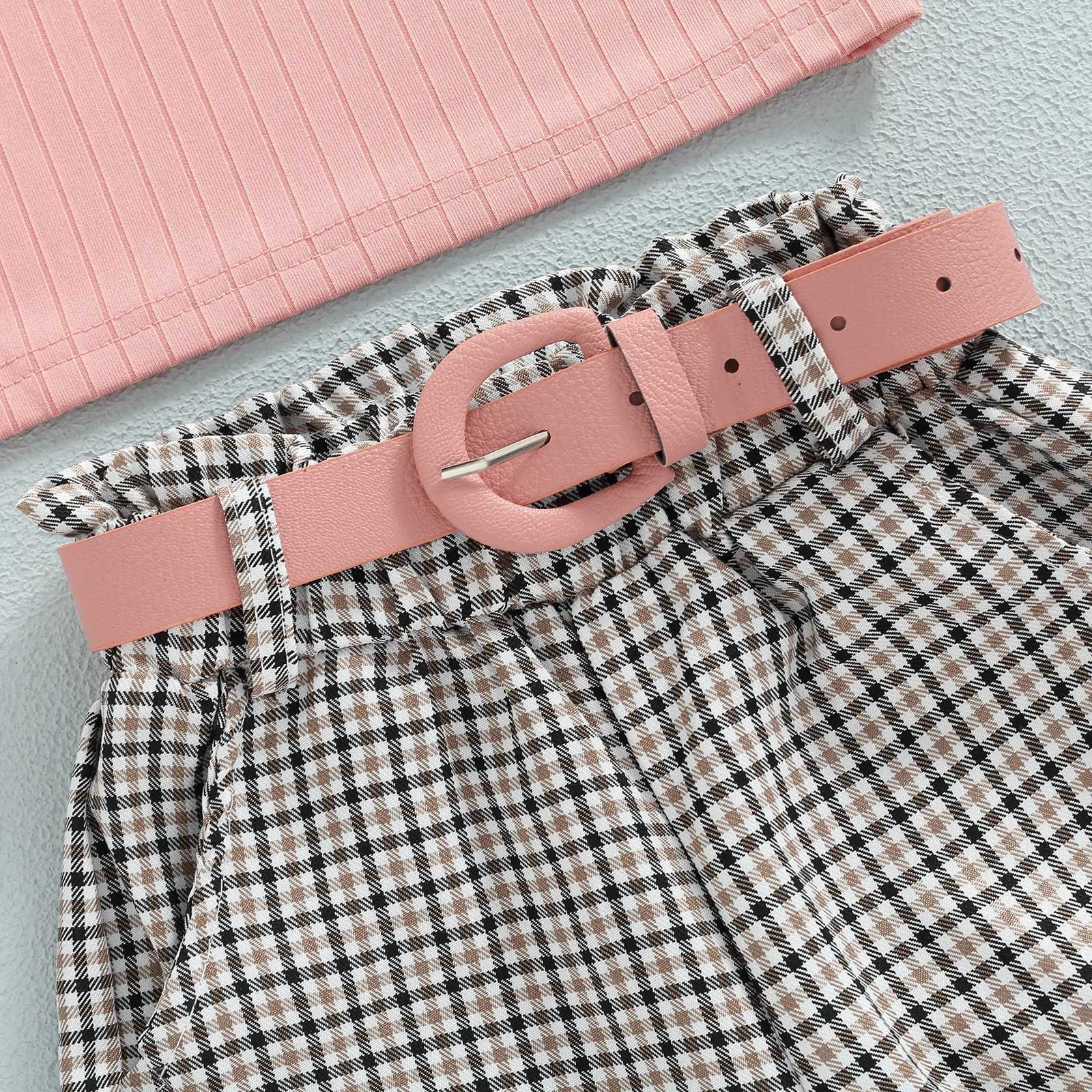 Clothing Sets 2022-06-20 Lioraitiin 0-6Years Toddler Girls 3Pcs Outfits Solid Ribbed Round Neck Long Sleeve Tops Plaid Long Pants + Belt Set