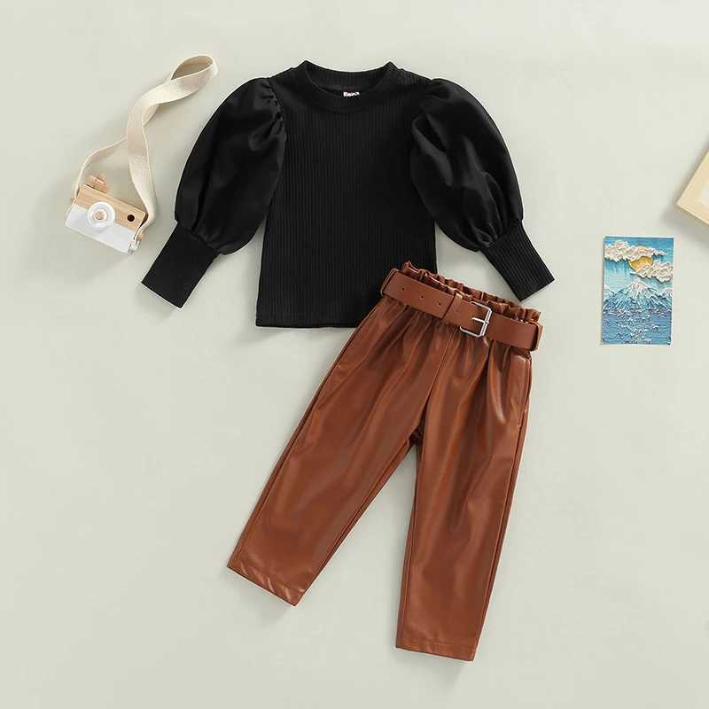 Clothing Sets 2022-06-13 Lioraitiin 0-6Years Toddler Girls T-shirt Trousers Fashion Ribbed Puff Long Sleeve Tops PU Leather Long Pants Belt