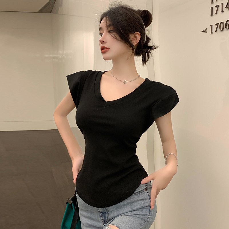 2024 V-neck T-shirt for women, irregular sleeveless vest, mid to long length, slim fit and slimming, spicy girl short sleeved top