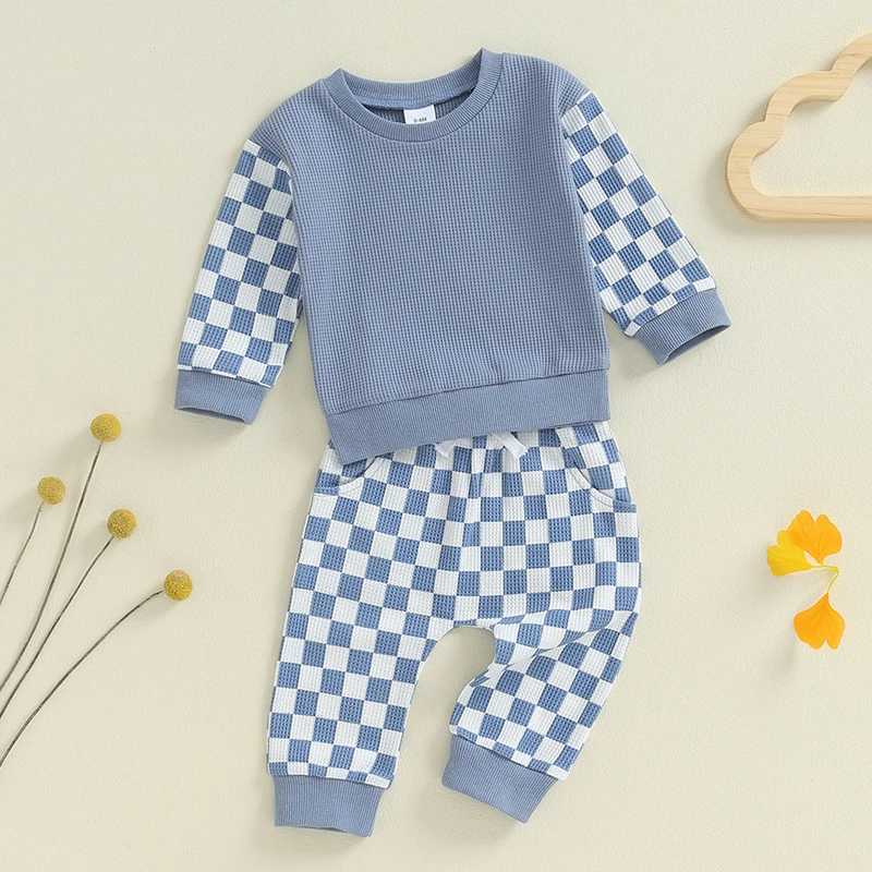 Clothing Sets Baby Boy Waffle Clothes Toddler Outfit Checkerboard Long Sleeve Sweatshirt Elastic Waist Pants with Pockets 2 Piece Set for Fall 0TLA