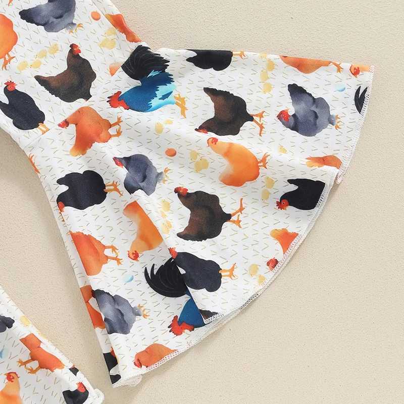 Clothing Sets 2024-04-18 Lioraitiin Kids Girls Flare Pants Set Farm Chicken Short Sleeve O-Neck Tops Long Trousers Cartoon Headpiece Outfits