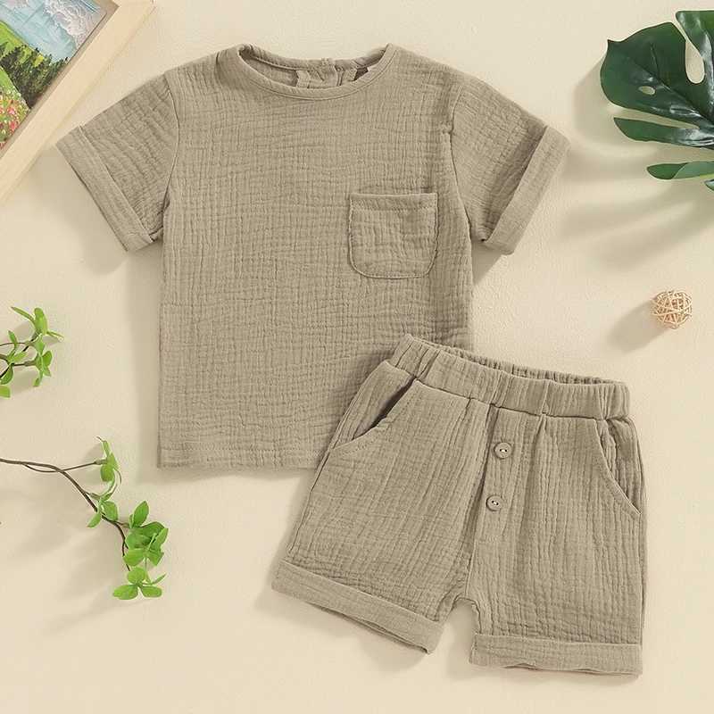 Clothing Sets Newborn Baby Boys Summer Clothes Sets Solid Cotton Linen Pocket Short Sleeve T-shirts+Button Pocket Shorts Beach Casual Outfits