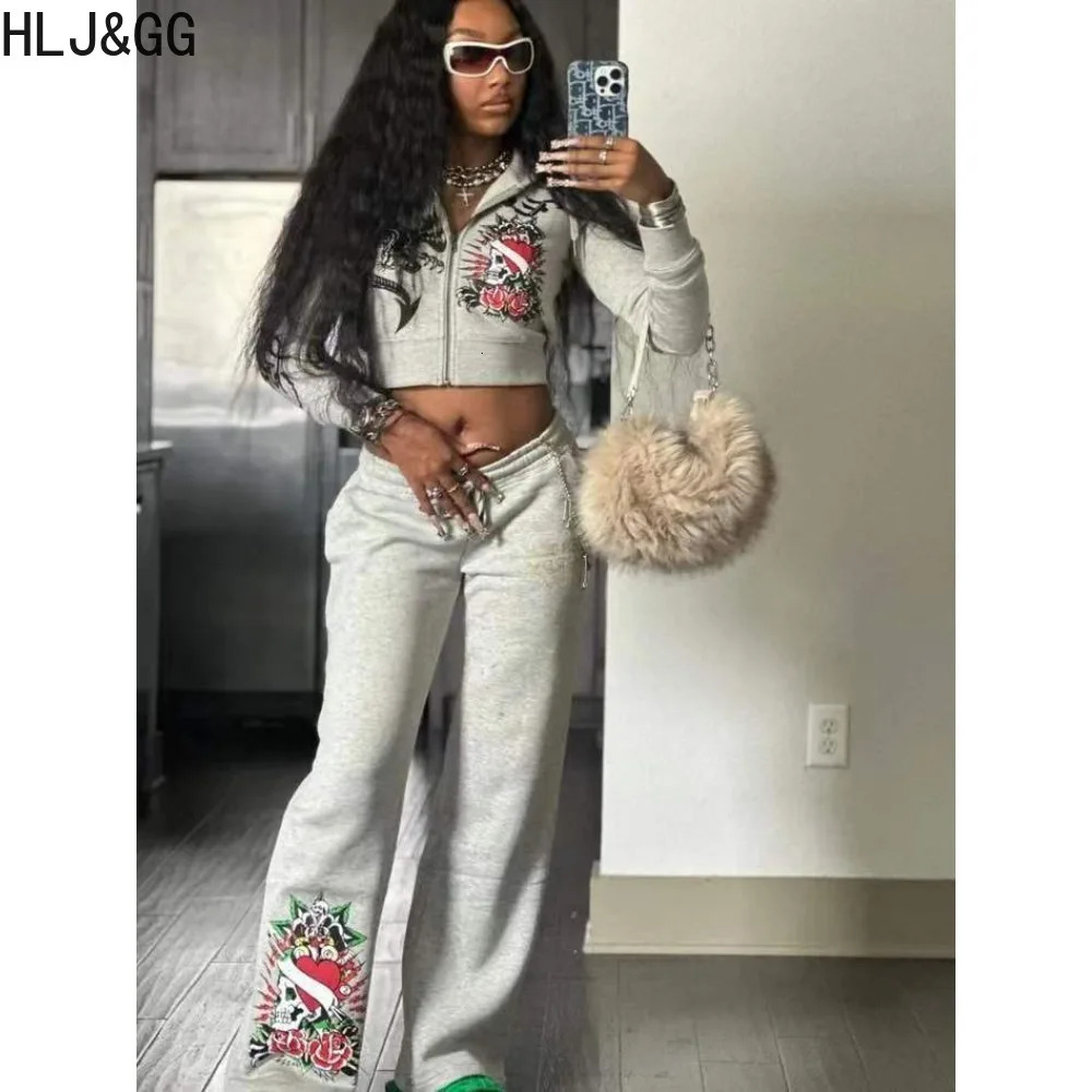 HLJ GG Fashion Streetwear Women Pattern Printing Zipper Long Sleeve Crop Top And Jogger Pants Two Piece Sets Casual 2pcs Outfits 240701