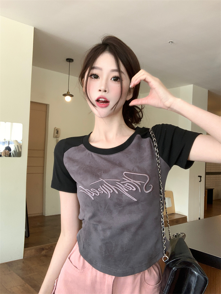 #Large size fat mm tie dye shoulder T-shirt sleeved women's summer short cut irregular cover belly slimming top