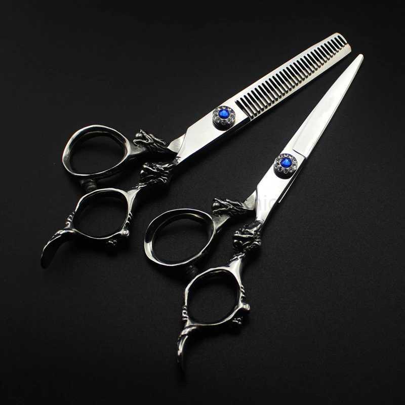 Professional Japan 440c 6 gem dragon hair cutting scissors haircut thinning barber haircutting shears Hairdresser scissorsCL240715 H260303