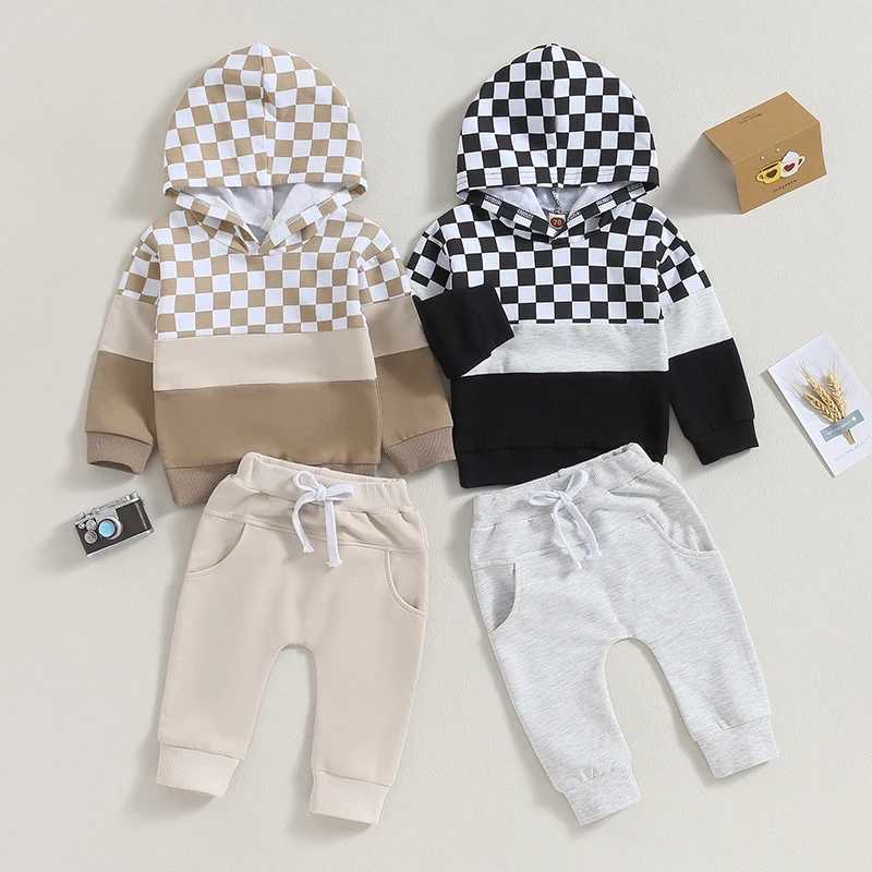 Clothing Sets 2023-07-14 Lioraitiin 0-3Y Autumn Baby Boys Clothes Sets Long Sleeve Plaid Patchwork Hoodie Tops with Elastic Waist Pants