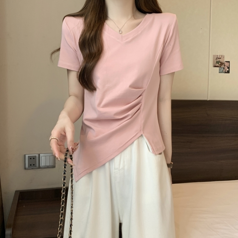 Large size shoulder new style internet famous European goods irregular fold waist collection short sleeved popular pink t-shirt slim fit top for women