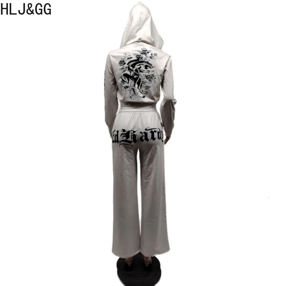 HLJ GG Fashion Streetwear Women Pattern Printing Zipper Long Sleeve Crop Top And Jogger Pants Two Piece Sets Casual 2pcs Outfits 240701