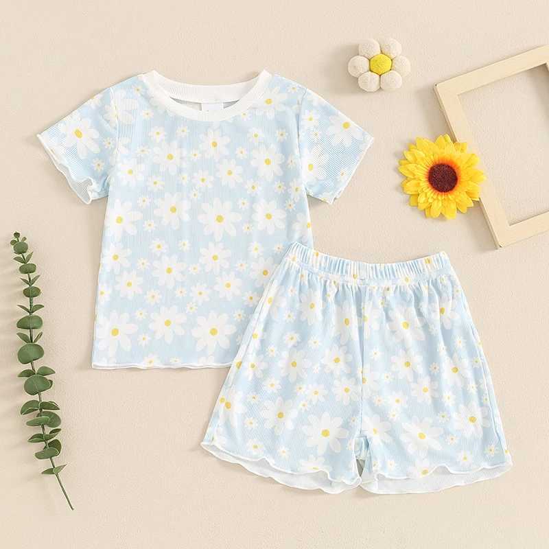 Clothing Sets 2024-04-06 Lioraitiin 6M-4Y Baby Girls Summer Shorts Sets Short Sleeve Crewneck Daisy Print Tops Shorts Sets 2PCS