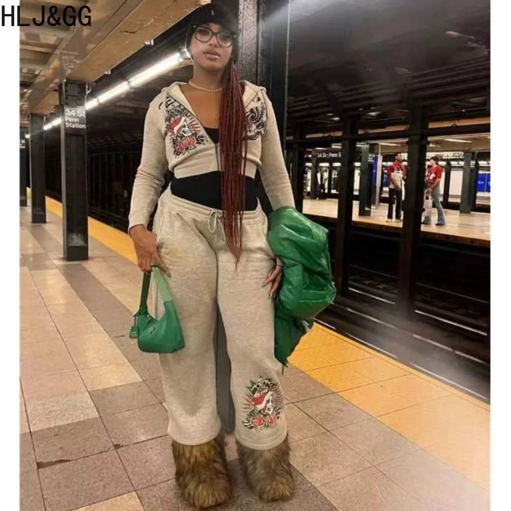 HLJ GG Fashion Streetwear Women Pattern Printing Zipper Long Sleeve Crop Top And Jogger Pants Two Piece Sets Casual 2pcs Outfits 240701