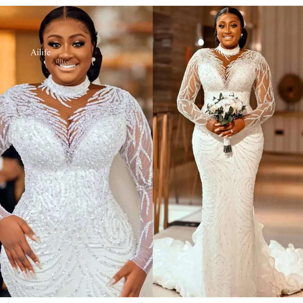 2023 Beaded Mermaid Wedding Dresses Bridal Gown High Neck Long Sleeves Sweep Train Custom Made Vestidos De Novia Plus Size 0715