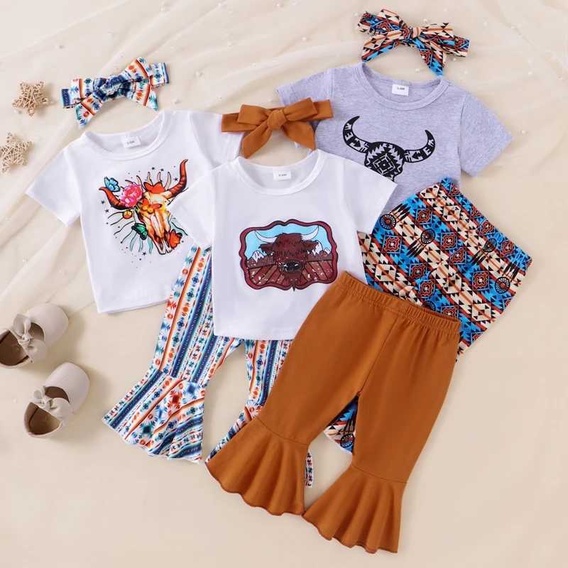Clothing Sets 2024-05-11 Lioraitiin Baby Girl Summer Outfits Western Style Cow Head Print O-Neck Short Sleeve Tops Flare Pants Headband Set
